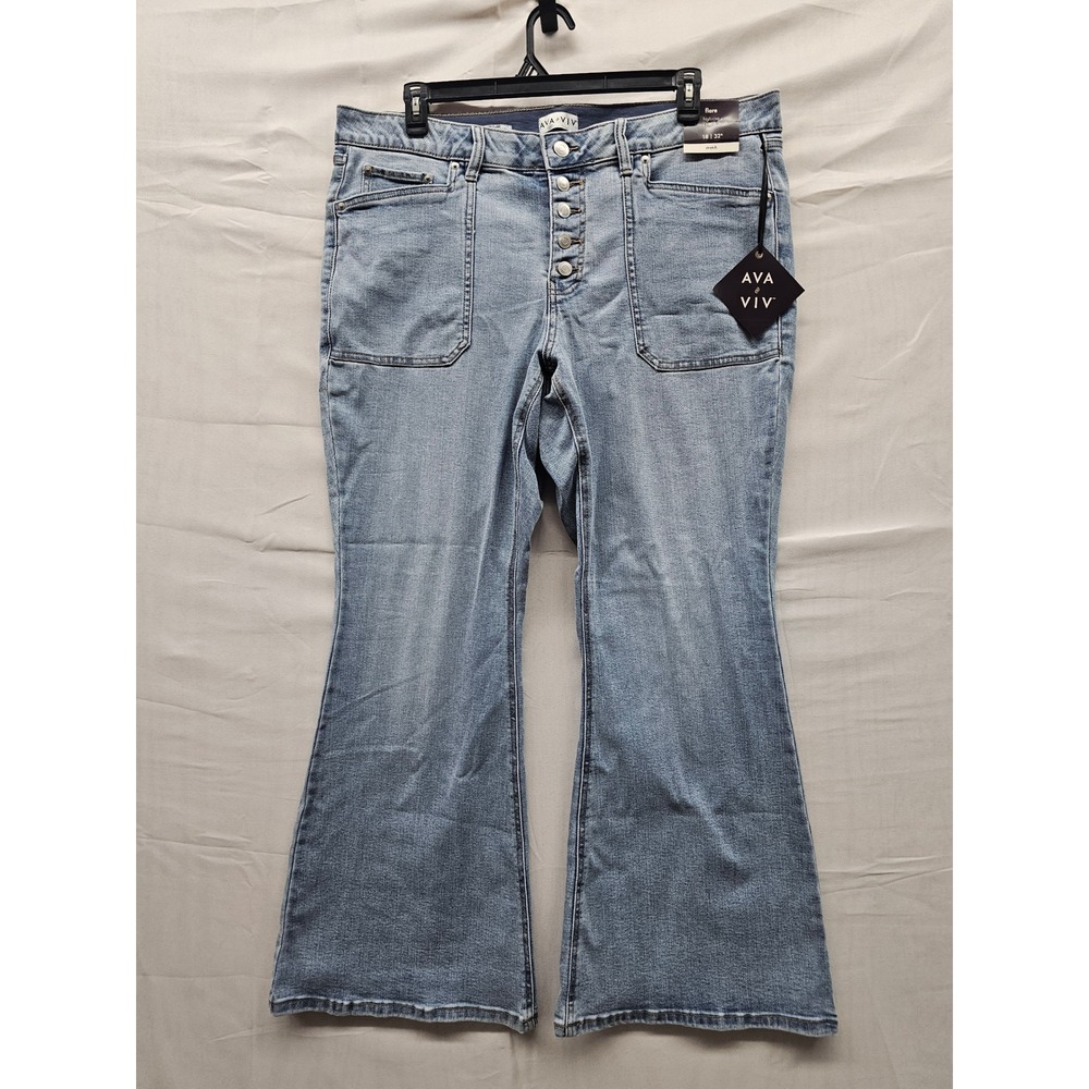 Ava & Viv Womens Flare High Rise Jeans Blue Cotton Blend Stretch Size 18
